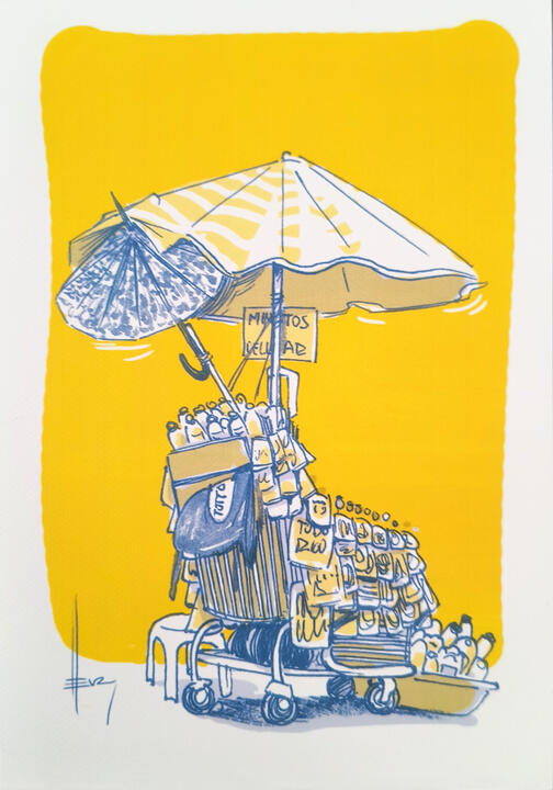 illustration depicting an urban scene in Bogotá, created in ink and digital color by Colombian illustrator Henry Díaz.